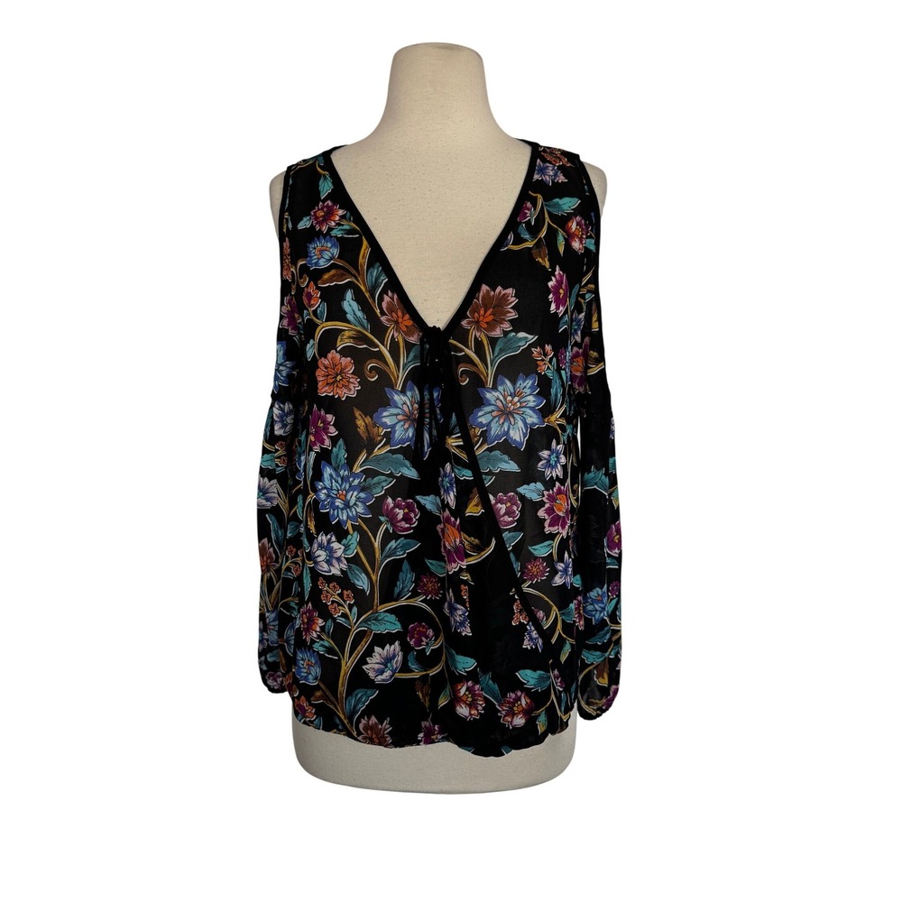 Nicole Miller Black Floral Cold Shoulder V-Neck Tie Blouse Size M